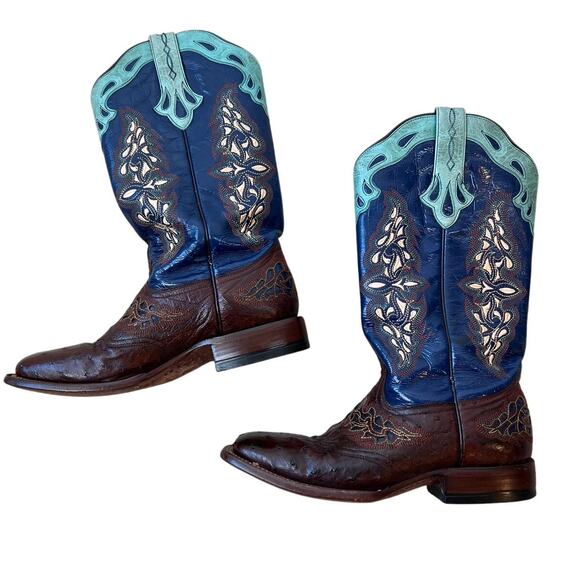 Lucchese Shoes - Lucchese Amberlyn Boots Blue Brown Full Quill Ostrich Western Cowgirl size 8 B